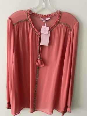 Calypso Saint Barth 全新带标签 Krish 粉色丝绸上衣 '325 美元。 半透明大号金色编织 — 第 1/4 张图片