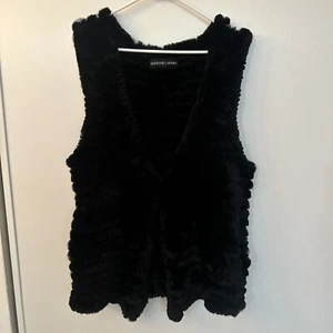 Adrienne Landau Vest S/L Black  Sleeveless Knit Sweater Rabbit Fur Open Longline - Picture 1 of 11