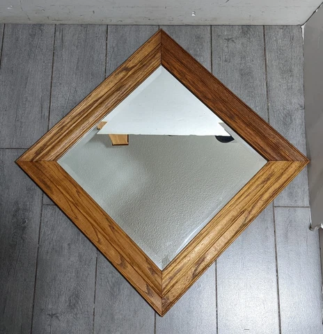 Vintage HENSLEY Co Square Rustic Oak Wood Framed Mirror Beveled Glass Cover