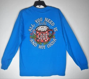 Southern Y'all Christmas in the South Blue Love & Hot Cocoa LS Tee T-Shirt - Picture 1 of 10