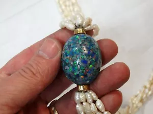 Vintage GIANT MOSAIC OPAL Australian 14k Gold Bead 6 Strand Pearl 35" Necklace - Picture 1 of 9