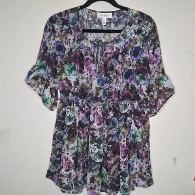 Jessica Simpson Maternity Sheer Floral Boho Peplum Blouse Multicolor Size: Small - Image 1 of 4