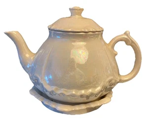 Vintage 40er Jahre irisierende perlmutt glänzend Teekanne mit Untertasse und Deckel Regenbogen - Bild 1 von 13