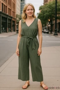 Vince Camuto Jumpsuit Leinenmischung weites Bein Gr. 6 grün Gürtel Taschen Boho Crop - Bild 1 von 11