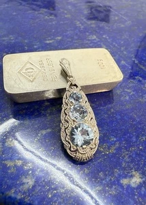 Prunkvoller 835 Silber - antiker Art Deco Anhänger - Aquamarin - 3 Aquamarine - Bild 1 von 6