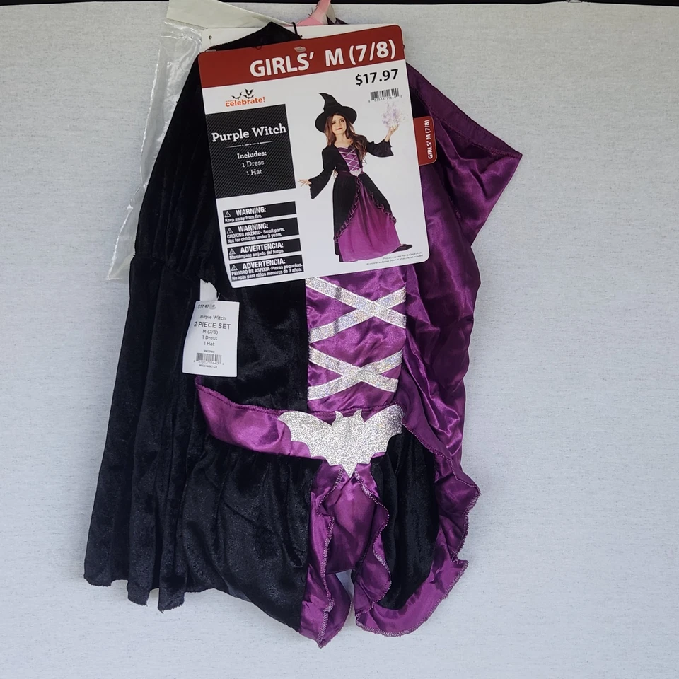 Celebrate Girls Purple Witch Costume M 7/8 Black Hat Cosplay Halloween Christmas