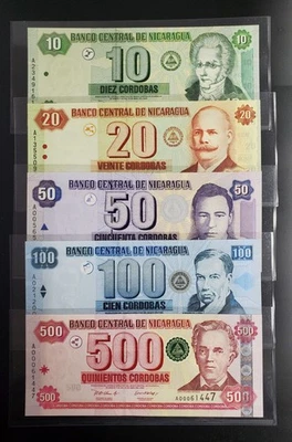 Banco Central de Nicaragua (2002 ND) 10, 20, 50, 100 y 500, Juego de cinco billetes P191-195 Foto 1 de 4