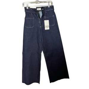 ZARA Women's High Waist Wide Leg Jeans Size 4 Blue Denim Chic Trendy Boho Preppy - Picture 1 of 3