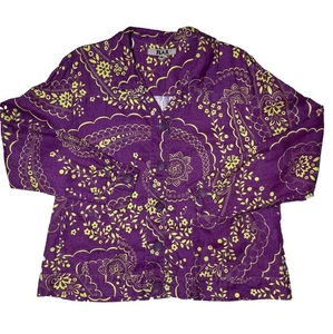 Flax 100% European Floral Linen Long Sleeve Purple & Green Jacket Size M 8/10 - Picture 1 of 16