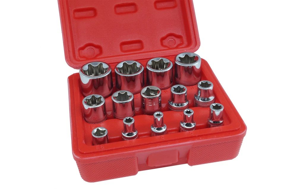 SET chiavi a bussola torx attacco 1/4" 3/8" 1/2" femmina da 4-24 mm 14 PZ - Immagine 1 di 3