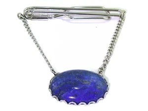 2 1/10 INCH  25x18 OVAL LAPIS LAZULI GEM BEZEL TIE CLIP TIE BAR CHAIN EPTT358 - Picture 1 of 2