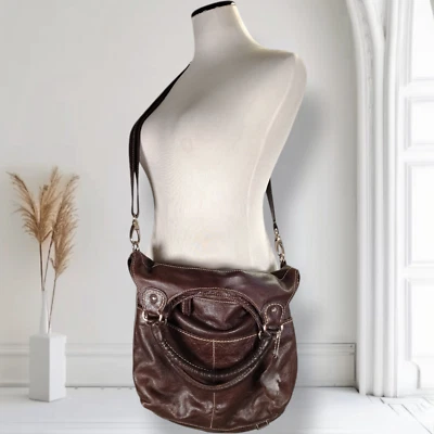 Roots Canada Lauren Crossbody Messenger Bag Brown Leather Slouch Hobo Tote - Image 1 of 4