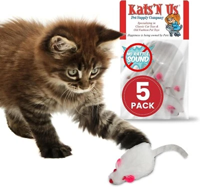 KATS'N US® Real Rabbit Fur White Mouse Cat Toy - 5 Pak - No rattle sound