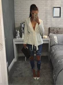 Smoking-Blazerkleid Damen Frauen Krepp Gürtel Revers lange Linie UK  - Bild 1 von 4