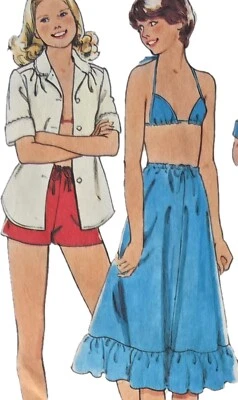 1970s Bikini Tiered Skirt Shorts Beach Shirt Style 2295 Sewing Pattern  - Image 1 of 3