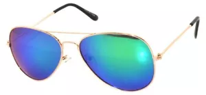 OCCHIALI DA SOLE CON MONTATURA ORO METALLO CON LENTE BLU-VERDE SPECCHIO COLORATE STILE AVIATORE UVB 99% - Foto 1 di 10