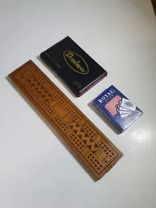 Vintage Cribbage Board With Pins,Mini Dominoes In Case,New Pack Of Royal Cards - Picture 1 of 9