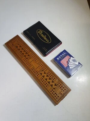 Vintage Cribbage Board With Pins,Mini Dominoes In Case,New Pack Of Royal Cards  - Image 1 of 4