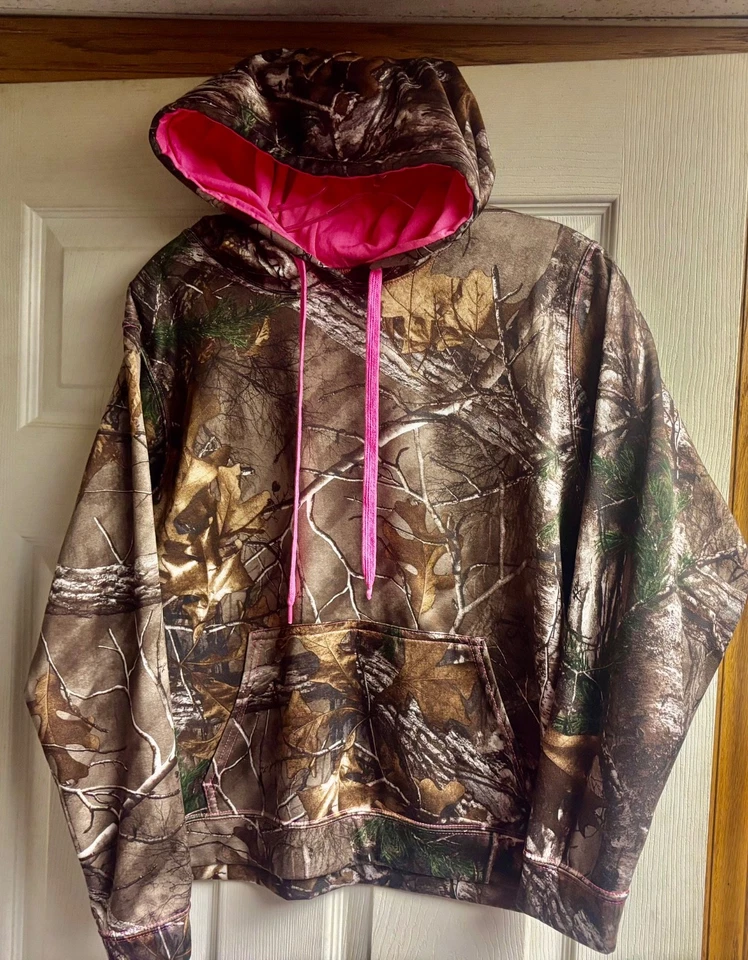 Youth MED Girls REALTREE CAMO w/ Pink Outdoor Pullover Casual Sweat Shirt Hoodie - Image 1 of 4
