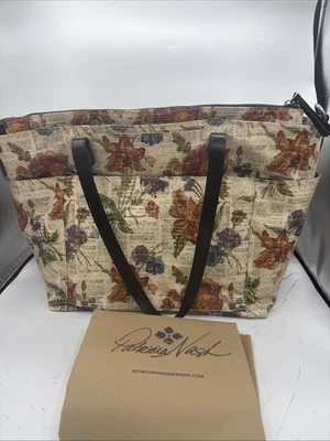 PATRICIA NASH Parisian Newspaper Poppy Leather Tote Shoulder Handbag Zip Top - Image 1 of 4