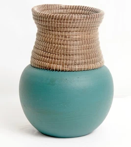 Art Pottery Vase Hand Painted Teal Base Pine Needle Woven Neck 10 Inch Nicaragua - Picture 1 of 6