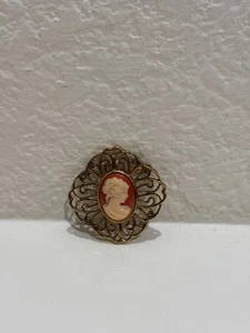 Vintage Cameo Brooch – Gold Tone Filigree Frame with Ivory Silhouette on Coral - Picture 1 of 4