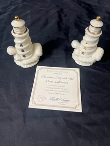 2 Lenox Ivory/ Gold Lighthouse 5" Collectible Figurine W/ Signed Collectors Card - Picture 1 of 2