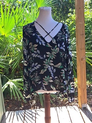 Lush Top Womens S Black Floral Print Sheer Blouse Deep Strappy V-neckline - Image 1 of 4