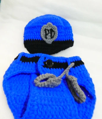 Nuevo Hecho a Mano Crochet Bebé Trajes Policía Disfraz Fotografía Prop Foto 1 de 4