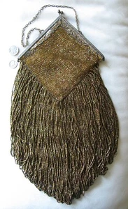 Antique Art Deco Floral Gold Filigree Frame Copper Bead Long Fringe Lined Purse - Picture 1 of 16