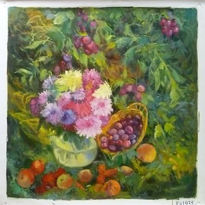 Still Life Flowers Fruit Basket Sonya Hatter Big 32x32 Original Oil Painting Art - Picture 1 of 1