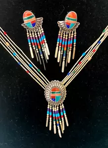 Native American Zuni Liquid Sterling Silver Inlay Stones Necklace & Earrings Set - Picture 1 of 12