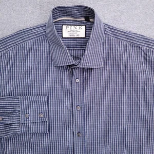 Thomas Pink Dress Shirt 16.5 35 Athletic Fit Blue Plaid Long Sleeve - Picture 1 of 10
