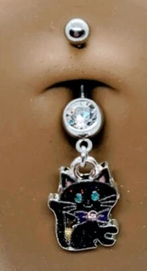 Clear Jewel Sparkle Kitty Cat Dangle Navel Belly Button Rings New Body Jewelry - Picture 1 of 1