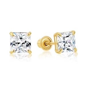 14K Solid Yellow Gold Princess-Cut CZ Sleeper Studs Earrings Screw-back 3mm-8mm - Picture 1 of 10