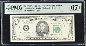 1988A $5 Federal Reserve Note Fr-1980-A Boston PMG67 Superb Gem EPQ - Picture 1 of 2