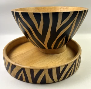 1999 Clay Art Wooden Bowl And Tray With Hand Painted Zebra Print Below: - Picture 1 of 18