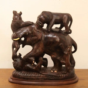 Elephant Fighting Lions Statue Handmade Wooden Memento Sculpture Vintage Decor - Picture 1 of 8