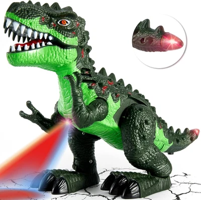 TOEY PLAY Walking T-Rex Dinosaur Toy for Kids - Realistic Green with Roar & Lights
