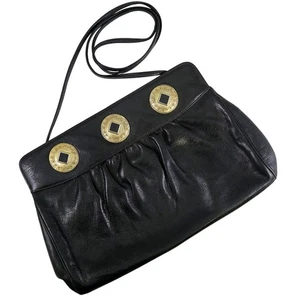 Black Leather Shoulder Bag Vintage 1980s Linda Allard Ellen Tracy Purse Clutch - Picture 1 of 7