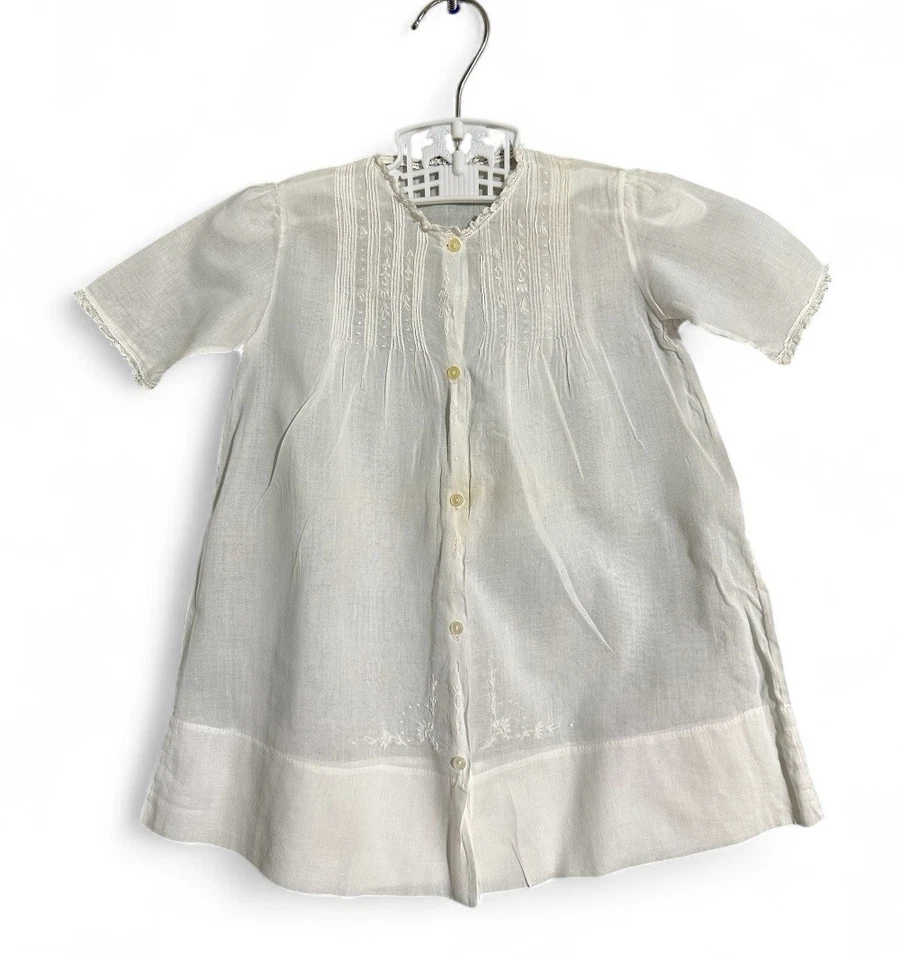 Antique Baby Gown 1900’s Ivory Pintucks 12M Embroidered Handmade - Image 1 of 4