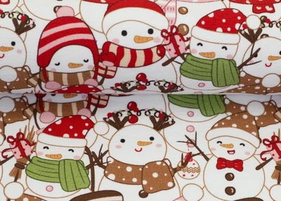 Holly Swafing Weihnachtsstoff Sweatstoff geraut mit Schneemännern in ecru 50 cm - Bild 1 von 3