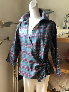 Blusa Ann Carson Verde Azul Marino Oscuro Reloj Cuadros Atado Envolvente 100% Seda Talla XL - Imagen 1 de 7