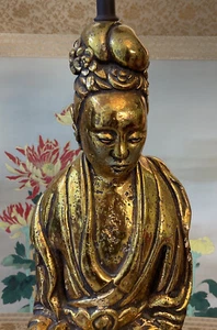 ANTIQUE CHINESE STATUE LAMP Quan Yin 3ft GODDESS MERCY Gold Leaf Oriental Girl - Picture 1 of 12