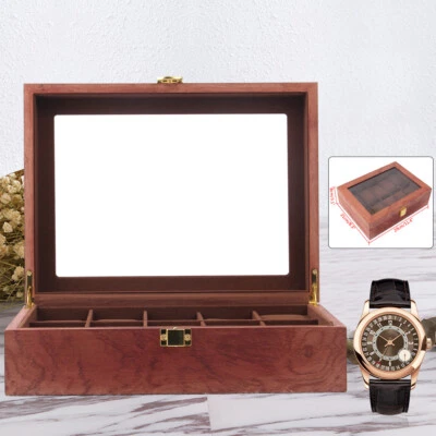 Caja de reloj de 10 ranuras con tapa de vidrio para exhibición de joyas de colección estuche organizador de madera Foto 1 de 4