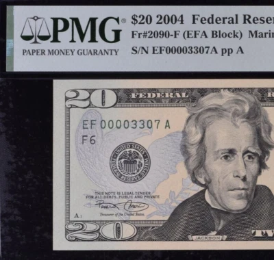 2004 $20 Federal Reserve Note PMG 64EPQ wanted popular low serial number 0003307 - Image 1 of 3