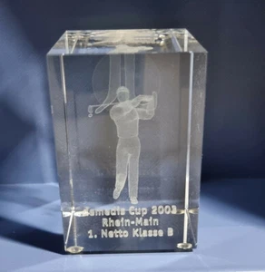 GOLF BOWL 3D ETCHED CRYSTAL GLASS CUBE DEMEDIS CUP 2003 RHEIN MAIN DEUTSCHLAND - Picture 1 of 12