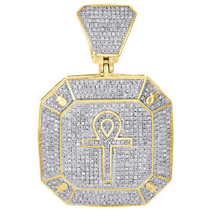 10K Yellow Gold Diamond Ankh Cross Pendant Octagon Medallion 1.85" Charm 1.44 CT