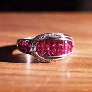 Unique Belt Wrap Lab-Created Ruby Pave Natural Diamond Women Ring 14K White Gold - Picture 1 of 5