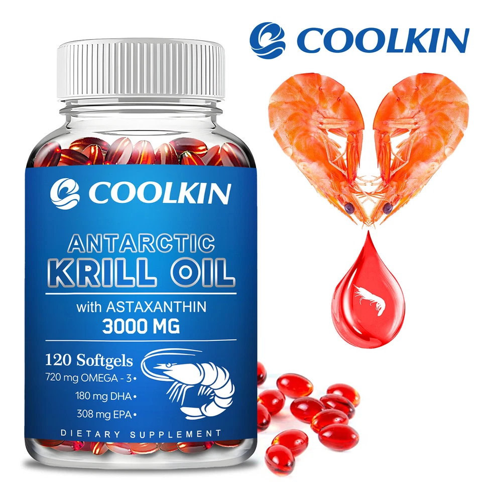 COOLKIN 120pcs Antarktisches Krillöl 3000mg–Omega-3 EPA, DHA, Astaxanthin, Phospholipide